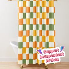 an orange and green checkered shower curtain with the words support independent artists on it