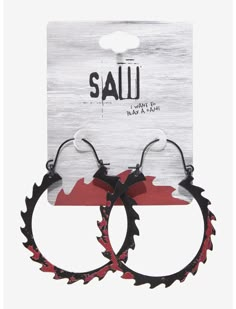 Saw Bloody Saw Hoop Earrings | Hot Topic Dory Finding Nemo, Blood Splatter, Edgy Jewelry, Lampoon's Christmas Vacation, Blue Beetle, Halloween Horror Nights, Circular Saw Blades, The Big Lebowski, Saw Blades