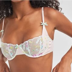 *Hard To Find! *Nwt -For Love & Lemons Midsummer Bra Large Pastel Pink Victoria's Secret Sheer Pastel Embroidered Floral Lace -Satin Pink Bunchy Sides; Part Of A 3-Piece Set Feminine Summer Bra With Padded Cups, Summer Pink Bra With Padded Cups, Pink Party Bra For Summer, Summer Party Pink Bra, Feminine Pink Bra For Spring, Lingerie Aesthetic, Summer Bra, Yellow Bra, Bra Collection