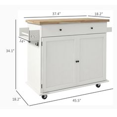 a white kitchen island with wooden top and drawers on wheels, measurements for the height