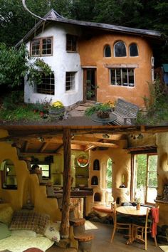 an unusual house built into the side of a hill with trees growing out of it