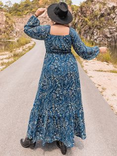 Cozy Plus Size Autumn/Winter Dress - Blue,3XL Fall Bohemian Maxi Dress With Square Neck, Fall Floral Print Maxi Dress With Square Neck, Bohemian Maxi Dress With Square Neck For Fall, Bohemian Square Neck Maxi Dress For Fall, Winter Bohemian Maxi Dress, Winter Midi Dress With Square Neck, Bohemian Long Sleeve Dresses For Fall, Bohemian Maxi Dress For Winter, Blue Square Neck Dress For Fall