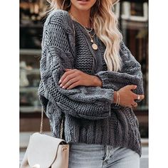 Gray Oversize Pullover Knit Sweater Trendy Gray Knitted Sweater, Trendy Knitted Gray Sweater, Casual Oversized Chunky Knit Sweater, Chunky Knit Acrylic Sweater For Fall, Gray Cable Knit Top For Fall, Oversized Knit Long Sleeve Sweater, Trendy Oversized Knit Sweater, Trendy Relaxed Fit Knitted Sweater, Casual Chunky Knit Top With Batwing Sleeves