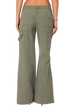 A more minimalist take on the utility trend, these nonstretch carpenter jeans feature a low-rise waist, wide flare legs and a cool earthy wash. Zip fly with button closure Front slant pockets; back patch pockets: cargo patch pockets 100% cotton Machine wash, dry flat Imported Spring Utility Wide Leg Flare Jeans, Spring High Rise Utility Flare Jeans, Spring High-rise Utility Flare Jeans, Fall Utility Flare Jeans, Spring Mid-rise Utility Flare Jeans, High Rise Utility Flare Jeans For Fall, Wide Leg Flare Jeans With Cargo Pockets For Spring, Spring Wide Leg Flare Jeans With Cargo Pockets, Utility Style Full Length Flare Jeans With Patch Pockets