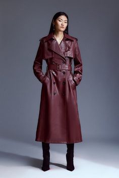 Petite Tailored Faux Leather Belted Trench Coat | Karen Millen Cute Winter Fashion, Burgundy Trench Coat, Galaxy Stuff, Plus Size Workwear, Long Leather Coat, Long Overcoat, Leather Trench, Belted Trench Coat, Anna Wintour