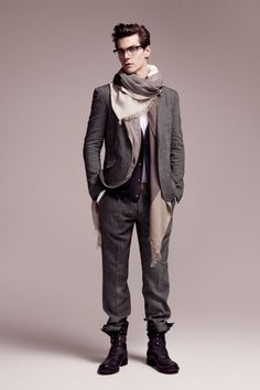 Fashion, Male, Model, Tall, Grey, Suit, Black, Combat boots, Scarf, Vest, Glasses, Specs, Photography, Portrait 2011 Fashion Trends, Fall And Winter Fashion, Mens Fashion Wedding, Formal Mens Fashion, Men Suit, Sharp Dressed Man, Men Style Tips, Mens Fashion Suits, Mens Winter Fashion