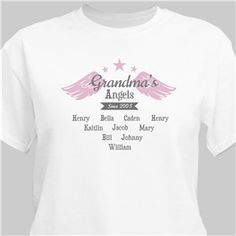 a white t - shirt with the name grandma's angels on it and pink wings