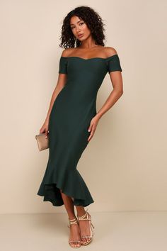 Dark Green Midi Dress - Trumpet Dress - Off-the-Shoulder Dress - Lulus Green Wedding Guest Dresses, Dark Green Midi Dress, Trumpet Silhouette, Formal Wedding Guest Dress, Trumpet Dress, Guest Attire, Wedding Attire Guest, New Years Eve Outfits, Midi Cocktail Dress