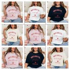 "Express your unique sense of humor with our Comfort Colors crewneck t-shirt featuring playful superlatives like \"Most Likely To Text My Ex\" \"Most Likely To Ghost Him\" or \"Most Likely To Drink All The Wine.\", among many others! Embrace the fun spin on Valentine's Day shirts, and for a personalized touch, message us for a custom quote if you have a different one in mind!  These shirts are perfect for matching Galentine's Day girls' party shirts or a singles gathering, ensuring comfort and l Galentines Matching Shirts, Valentine's Day Slogan Crew Neck Top, Funny Graphic Print Tops As Gift, Mother's Day Crew Neck Tops With Funny Text, Valentine's Day Slogan Top With Crew Neck, Funny Print Crew Neck Top For Mother's Day, Valentine's Day Graphic Tee With Slogan, Casual Tops With Funny Text For Valentine's Day, Valentine's Day Letter Print Crew Neck Shirt