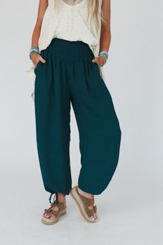 Oceana Cinched Pants - Hunter Green | Three Bird Nest Solid Bohemian Bottoms For Spring, Relaxed Summer Harem Pants With Elastic Waistband, Relaxed Harem Pants With Elastic Waistband For Summer, Non-stretch High-waisted Harem Pants For Vacation, Casual Yoga Harem Pants With Pockets, Bohemian Solid Color Harem Pants For Vacation, Versatile Summer Loungewear Harem Pants, Casual Green Harem Pants For Summer, Versatile Summer Harem Pants For Loungewear