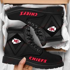 Kansas City Chiefs Boots - Premium Shoes/ Premium Leather Boots - Gift For Sports Lovers 244. Stride with confidence in these sleek sneakers, boasting a striking dinosaur print with floral touches for a unique spin on classic footwear.". #sports #city chiefs #Shoes #Snorider Timberland Sneakers, Custom Boots, Sports Lover, Minnesota Vikings, Vegan Shoes, Kansas City Chiefs, Dinosaur Print, Timberland Boots, Shoe Collection