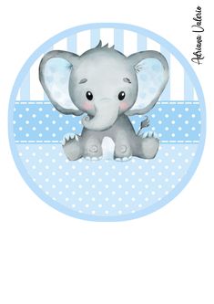 an elephant is sitting on top of a blue and white polka dot background with the words happy