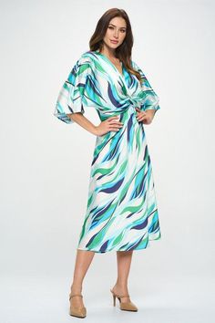 Made in USA Satin Stretch Print Dress with Front Twist. Available in other Colors. Fabric content: 97% Polyester, 3% Spandex. Style: casual, formal, work Print / Pattern: abstract print Silhouette: a-line Fit: regular Neck Line: v neck Sleeve: shortsleeve Length: maxi Lining: no Made In: Made in U.S.AFabric Contents: 97% Polyester, 3% Spandex. Size Measurement (inch): S: 18.5 (Bust), 13.5 (Waist), 20.0 (Hips), 50.5 (Length) M: 19.5 (Bust), 14.5 (Waist), 21.0 (Hips), 51.0 (Length) L: 20.5 (Bust), Print Satin Dress, Printed Satin Dress, Crop Top Blouse, Romper Dress, Everyday Dresses, Plus Dresses, Satin Dress, Color Print, Preppy Outfits