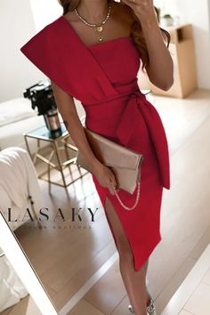 Lasaky - Stylish Short-Sleeved Fitted Evening Gown in Solid Colors Thigh Belt, Midi Dress Outfit, Solid Midi Dress, Pencil Skirt Dress, Looks Party, Party Kleidung, Style Upgrade, Festival Looks, Pencil Dress