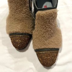 Meher Kakalia Booties Nwot Size 38 With Fur Top And Gold Beaded Toe And Heel. Fur Top, Gold Beads, Boots Booties, Shoes Boots, Bootie Boots, Shoe Boots, Ankle Boots, Women Shoes, Boots