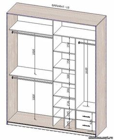 an open closet with measurements for the doors and shelves on each side, including two drawers