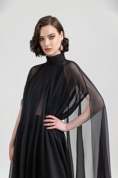 Crepe dress paired with see through cape – HerTrove Chiffon Dress Aesthetic, Cape Dress Long, No Sew Cape, Cape Outfit, Chiffon Cape, Cape Fashion, Dress Cape, Tent Dress, Cape Sleeves