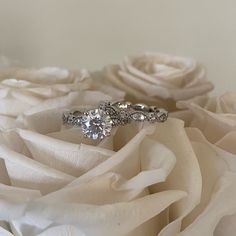 a diamond ring sitting on top of a white rose