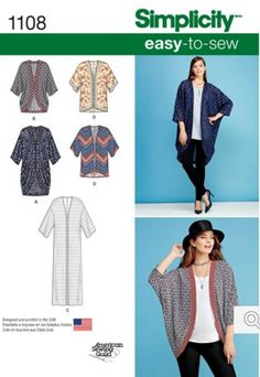 Simplicity 1108A Sewing Pattern Easy To Sew Kimonos Sizes XXS-XXL U.S. Sizes 4-26 New and Uncut Pattern Kimono Jacket Sewing Pattern, Kimono Diy, Kimono Sewing, Kimono Sewing Pattern, Diy Kimono, Plus Size Sewing Patterns, Plus Size Patterns, Tips Design, Mode Kimono