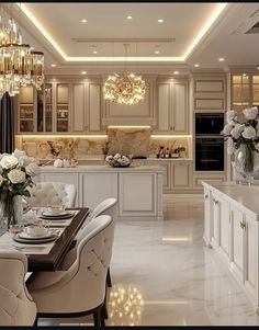 an elegant dining room and kitchen with chandelier lights, marble floors and white cabinets