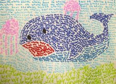 a drawing of a blue whale with words written in it's mouth and on its back