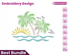 the embroidery design features two palm trees and an island