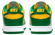 This Nike Dunk Low Brazil features a yellow base with green overlays paired with white laces and midsole atop a green rubber outsole. Green Custom Sneakers With Boost Midsole For Sports, Green Custom Sneakers With Contrast Sole For Streetwear, Green High-top Custom Sneakers For Sports, Green Low-top Custom Sneakers With Rubber Sole, Green Sporty Lace-up Custom Sneakers, Sporty Green Lace-up Custom Sneakers, Green Lace-up Sporty Custom Sneakers, Green Custom Sneakers With Boost Midsole, Green Custom Sneakers With Boost Midsole And Round Toe