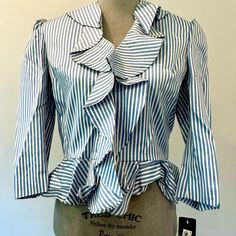 Nwt Lauren Ralph Lauren Baby Blue And White Stripe Ruffle Peplum Blouse Blazer Size 10p (Petite) See Pictures For Details Spring Fitted Blouse With Ruffle Hem, Spring Peplum Blouse With Ruffles, Ruffled Peplum Top For Workwear, Ruffled Peplum Tops For Work, Fitted Cotton Peplum Top For Spring, Peplum Top With Ruffles For Workwear, Spring Fitted Peplum Top With Ruffles, Summer Ruffle Peplum Top For Work, Summer Ruffled Peplum Top For Workwear