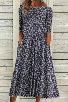 Crew Neck Half Sleeve Midi Dress - Cherieday Print Chiffon Dress, Clothes For Women Over 50, Stylish Outfits For Women Over 50, Mid Calf Dresses, Half Sleeve Dresses, Floral Print Maxi Dress, Midi Dress Casual, Long Sleeve Short Dress, Cotton Midi Dress