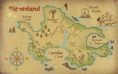 a map with several locations on it and the words neverland written in large letters