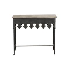 an iron and wood console table with four drawers on one side, the top is turned upside down