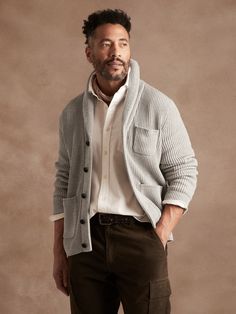 At once smart and relaxed, this shawl-collar cardigan is destined to become an heirloom.  It's knit from soft, strong, American-grown SUPIMA® cotton, an extra-long staple cotton  and a customer favorite.  Shawl collar with button front.  Three front Classic Sweater With Shawl Collar And Button Closure, Classic Shawl Collar Sweater With Button Closure, Classic Cardigan With Shawl Collar And Button Closure, Classic Outerwear With Shawl Collar For Layering, Classic Knit Outerwear With Shawl Collar, Fall Cotton Sweater With Shawl Collar, Classic Knit Sweater Coat In Relaxed Fit, Classic Knit Sweater Coat With Relaxed Fit, Mens Cardigan Outfit