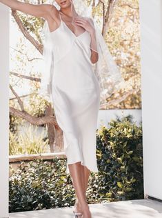 Elegant V-neck Slip Dress For Wedding, Elegant Midi Dress For Summer Wedding, Elegant Embroidered Midi Dress For Wedding, Elegant Summer Midi Dress For Wedding, Elegant Midi Dress For Weddings, Elegant Summer Wedding Midi Dress, Silk V-neck Midi Dress For Wedding, Feminine Silk Dress For Wedding, Elegant Midi-length Slip Dress For Wedding Guest