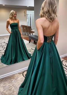 Got an occasion coming up? We've got you covered with this dress. Featuring a green satin material with strapless sleeveless strappy backless design with brush train floor sweeping length . Just add heels and statement accessories to elevate the look. Length approximately 160cm/63" (Based on a sample size UK 8) Dark Green Formal Dresses, Emerald Prom, Dark Green Prom Dresses, Neon Prom Dress, 2024 Green, Simple Evening Dress, Ballroom Dance Dress, Prom Dresses Simple, Prom Dress Inspo