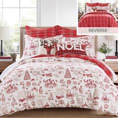 a red and white comforter set with reindeer on it