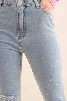 Studded Rhinestone Distressed Knee Edge Stretch High Rise Denim Jeans Spring High Rise Jeans With Rhinestones, Casual High Rise Jeans With Rhinestones, Trendy High Waist Jeans With Rhinestones, Casual Stretch Bottoms With Rhinestones, High Rise Embellished Denim Jeans, Casual Denim Blue Jeans With Rhinestones, Spring Denim Blue Jeans With Rhinestones, Trendy Fitted Jeans With Rhinestones, Casual Denim Rhinestone Jeans