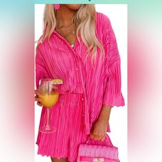 Women 2024 Comfy Lounge Sets Summer Cute Pajama Sets 3/4 Sleeve V Neck With Shorts Size Small Summer Sets With 3/4 Sleeve, Summer Long Sleeve Sets For Brunch, Short Loungewear, Pleated Shirt, Pleat Top, High Waist Shorts, Activewear Sets, Swimsuits High Waisted, Loose Shirts