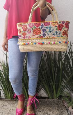 "FREE SHIPPING IN USA This bag is SIZE: 13.5 \"x14\" / 34.2x35.5 cm (height x width) Handmade bag with palm leaves. Perfect summer bag: for the beach, a picnic in the park or to wear your favorite outfit ... very versatile, with all the summer style. This bag is handwoven in Mexico from sustainable palm leaves decorated with unique applications. Materials: palm leaves. Please note that these bags are handmade, shapes and sizes may vary slightly." Natural Color Embroidered Tote Bag, Natural Embroidered Tote Bag, Tropical Multicolor Bags For Daily Use, Bohemian Woven Satchel Beach Bag, Embroidered Natural Tote Shoulder Bag, Tropical Multicolor Tote Bag, Fair Trade Tote Bag For Vacation, Tropical Multicolor Everyday Bag, Traditional Tote Bag For Vacation