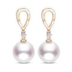 Each of these timeless women's dangle earrings from the Brilliant Moments® collection feature lustrous Akoya saltwater cultured pearls topped by a shimmering round diamond accent. Crafted in 14K yellow gold, the earrings are secured in place with friction backs and the pearls measure 7-7.5mm each. Yellow Gold Diamond Earrings With Pearl Drop, Elegant Yellow Gold Drop Diamond Earrings, Elegant Yellow Gold Teardrop Diamond Earrings, Refined Formal Earrings With Diamond Accents, Yellow Gold Akoya Pearl Pear Earrings, Timeless Pearl Earrings With Diamond Accents, Timeless Pearl Earrings With Diamond Accents As Gift, Anniversary Pearl Drop Diamond Earrings, Diamond White Pearl Drop Earrings For Formal Events