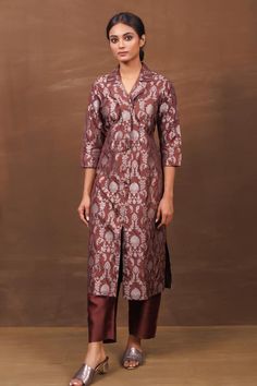 Brown straight coat with all over handwoven flower vine pattern. Paired with a pant. - Aza Fashions Top Sharara Set, Floral Lapel, Vine Pattern, Sharara Set, Fashion App, Pants Pattern, Embroidered Top, Set For Women, Lapel Collar