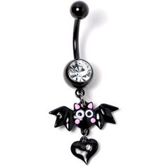 Clear Gem Black Heart Vampire Bat Halloween Dangle Belly Ring If you're ready to get into the spirit of Halloween then you will love this 14 gauge navel jewelry with scary style! Made with a 3/8" black plated over 316L surgical grade stainless steel curved barbell, this navel ring features a clear bottom gem with a bashful black bat dangle charm and a heart dangle charm set with a clear gem that is perfect for trick or treating or a gothic ball.Specifications14 Gauge (1.6mm), 3/8" (10mm), Black Edgy Halloween Jewelry, Emo Pierced Jewelry For Halloween, Heart-shaped Metal Jewelry For Halloween, Halloween Heart-shaped Metal Jewelry, Black Novelty Jewelry For Valentine's Day, Emo Metal Jewelry For Halloween, Gothic Black Dangle Body Jewelry, Black Metal Dangle Body Jewelry, Halloween Black Jewelry With Charms