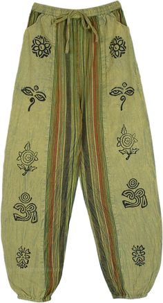 A boho chic style yoga pants with block print on light pistachio green on sides and striped inners - with pockets, flexible drawstring, elastic waistband, and elastic ankle cuffs.  The cotton pants have floral and spiritual symbol stamps printed on them that look very unique. #tlb #SplitSkirtsPants #Stonewash #bohemianfashion #HaremPants #BlockPrint Green Bohemian Relaxed Fit Harem Pants, Green Cotton Harem Pants For Yoga, Green Harem Pants For Yoga, Green Harem Pants With Elastic Waistband For Festival, Green Bohemian Bottoms With Relaxed Fit, Spring Green Yoga Pants With Elastic Waistband, Green Yoga Pants With Elastic Waistband For Spring, Green Bohemian Harem Pants For Yoga, Green Yoga Pants With Pockets