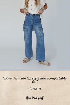 Elevate your casual boho style with our Britain Cargo Jeans - with their trendy wide legs and comfortable fit, you'll feel stylish and confident in any setting! Comfortable denim fabric with a nice fade on the thighs for a worn look Relaxed, wide leg, cargo style pant silhouette High - rise waist with a button - zipper closure and belt loops Convenient side pockets and double patch flap cargo pockets along the side and back Pair with: High Neck Racerback Brami, On The Fringe Kimono and Color Bur Boho Essentials, Casual Boho Style, Bralette Outfit, Style Pant, Fringe Kimono, Cargo Style, Comfy Pants, Cargo Jeans, Boho Casual