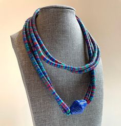 Artsy Earrings, Clear Necklace, Blue And White Fabric, Wood Bead Necklace, Paper Earrings, Beaded Headband, Hippie Necklace, Fabric Beads, Heishi Beads