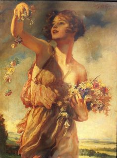 a painting of a woman holding flowers in her hand and looking up at the sky