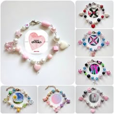 several pictures of different bracelets with beads and charms on them, including an ornament