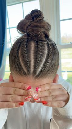 Cool Hairstyles With Braids, Cool Dance Hairstyles, Braided Hairstyles Volleyball, Volleyball Hair Braids, Difficult Braided Hairstyles, Cute Vb Hairstyles, Braided Hairstyles For Teens White, Four Braids Into A Bun, Cute Ponytails With Braids