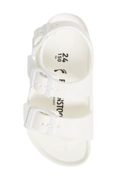 A contoured footbed adds signature arch support to a durable and versatile EVA sandal that's a playground-ready fave. The footbed absorbs shock and mimics the shape of a healthy foot, while pronounced medial and metatarsal arches support the instep and ball of your child's foot. Adjustable straps with buckle closure Cushioned footbed with arch support Synthetic upper, lining and sole Hand wash, dry flat Made in Germany Kids' Shoes Germany For Kids, Birkenstock Milano, Good Posture, Arch Support, Wedding Sneaker, Birkenstock, Wedding Shoe, Kids Shoes, Adjustable Straps