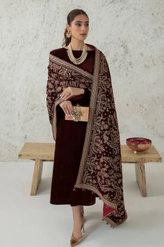 Buy Designer Embroidered Maroon Velvet Shawl at PinkPhulkari Velvet Shawls Pakistani, Pakistani Salwar Kameez Designs, Velvet Pakistani Dress, Velvet Shawls, Velvet Suit Design, Velvet Shawl, Velvet Dress Designs, Kameez Designs, Pakistani Fancy Dresses