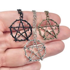 "You will receive one bronze pentacle necklace, charm, and chain of your choice! These are also available as just the charm. The charm is 28.5 mm tall and 26.9mm wide. Each necklace comes in its own gift box! (if multiple pendants are ordered without a chain, they may be packed together in one gift box) Chain options: Silver Plated Stainless Steel 2.2mm cable Silver Stainless Steel 2mm cable: Hypoallergenic and tarnish resistant! Sterling Silver 2mm Cable: Hypoallergenic Bronze: Comes as the len Warlock Aesthetic, Pentacle Jewelry, Pentacle Necklace, Wicca Jewelry, Pagan Necklace, Wiccan Necklace, Witch Necklace, Pentagram Pendant, Silver Clay